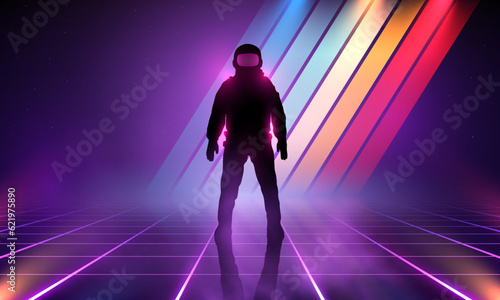 Retrowave, synthwave, vaporwave illustration with laser grid landscape in the starry space, through the brightly glowing pink portal a man in a spacesuit came out. Vintage Striped Retro Colors 80s