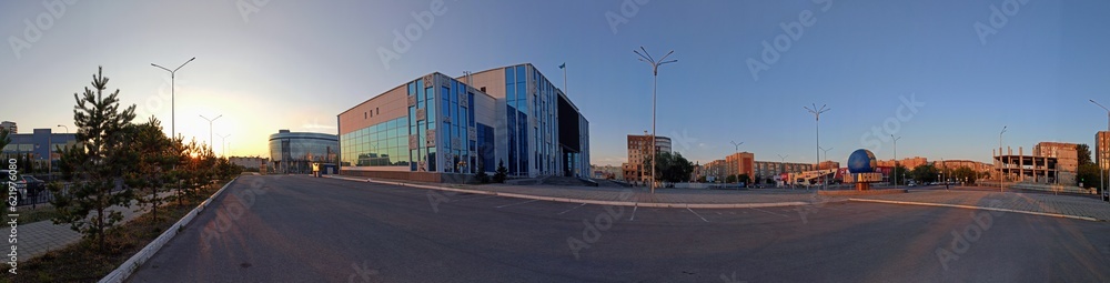 Panorama of the street of Kazakhstan. Modern building of the Panorama of the street of Kazakhstan. Modern building of the