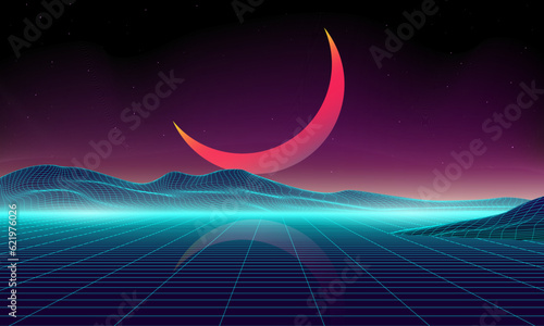 Retro background futuristic landscape 1980s style. Digital retro cyber surface. 80s party background . Retro 80s fashion Sci-Fi Background Summer Landscape. Retro cyberpunk style 80s Sci-Fi. 3D illust