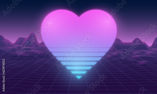 Heart shape with Synthwave wireframe net illustration. Abstract digital background. 80s, 90s Retro futurism, Retro wave cyber grid. Landscape mountain surfaces. Neon lights glowing. Starry background.