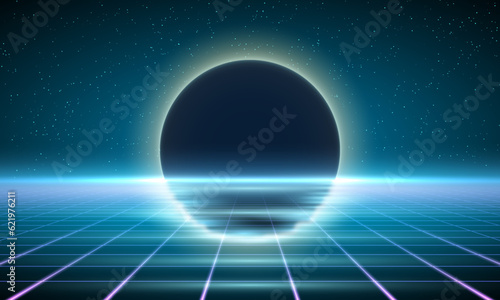 Synthwave wireframe net sunset illustration. Abstract digital background. 80s, 90s Retro futurism, Retro wave cyber grid. Deep space surfaces. Neon lights glowing. Starry background. Sunset retro