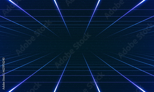 Synthwave vaporwave retrowave cyber background with copy space, laser grid, starry sky, blue and purple glows with smoke and particles. Design for poster, cover, wallpaper, web, banner, etc. 