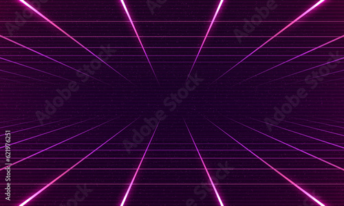 Synthwave vaporwave retrowave cyber background with copy space, laser grid, starry sky, blue and purple glows with smoke and particles. Design for poster, cover, wallpaper, web, banner, etc. 
