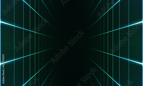 Synthwave vaporwave retrowave cyber background with copy space, laser grid, starry sky, blue and purple glows with smoke and particles. Design for poster, cover, wallpaper, web, banner, etc. 