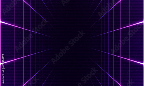 Synthwave vaporwave retrowave cyber background with copy space, laser grid, starry sky, blue and purple glows with smoke and particles. Design for poster, cover, wallpaper, web, banner, etc. 