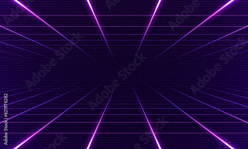Synthwave vaporwave retrowave cyber background with copy space, laser grid, starry sky, blue and purple glows with smoke and particles. Design for poster, cover, wallpaper, web, banner, etc. 