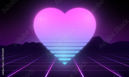 Heart shape with Synthwave wireframe net illustration. Abstract digital background. 80s, 90s Retro futurism, Retro wave cyber grid. Landscape mountain surfaces. Neon lights glowing. Starry background.