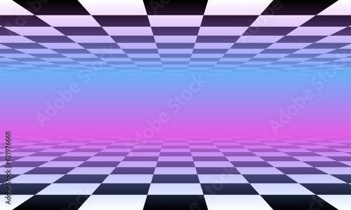 Retro vector pattern with black and white checkered floor, vaporwave aesthetics, pastel colors. Chess board vintage style. Surreal vaporwave with a checkerboard floor. Vintage style retro background