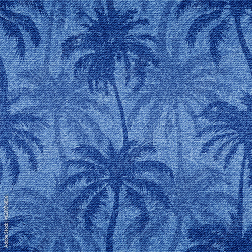 Palm seamless pattern. Repeated palm trees patern. Silhouette coconut tree. Denim beach background. Repeating tropical texture for design summer prints. Repeat coconuts palmtree. Vector illustration
