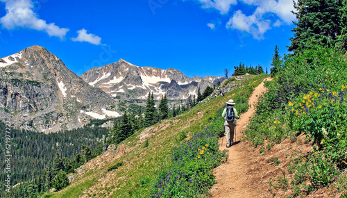 Hiker on the Arapahoe Pass Trail in Boulder County, Colorado's Indian Peaks Wilderness photo