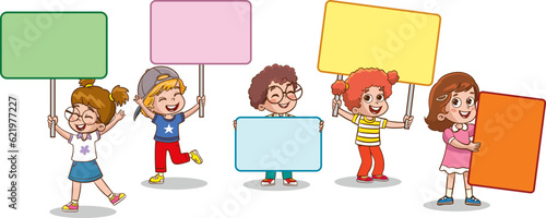 little Funny Children Holding Blank Placard vector