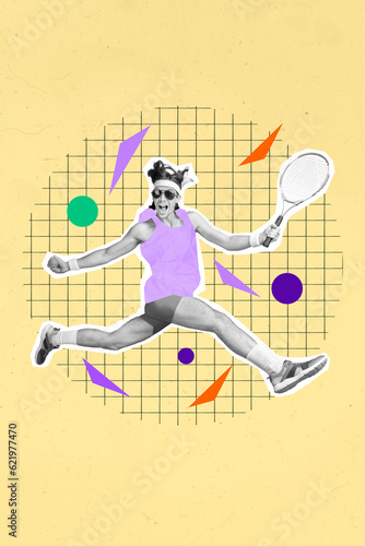 Exclusive picture collage image of sexy funky excited guy enjoying badminton game isolated creative background
