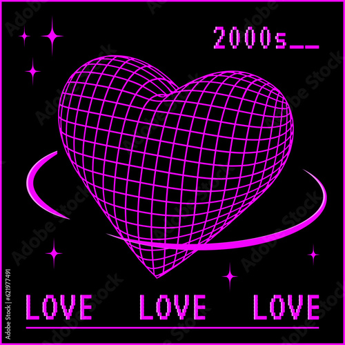 Y2K trendy heart shape, 3d vector geometric figure, dimensional geometric acid form in black frame, love symbol.