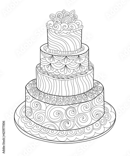 Hand drawn doodle cake with flowers for coloring book for kids and adults. Zentangle style. 
