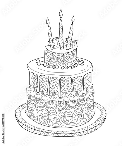 Hand drawn doodle cake with candles for coloring book for kids and adults. Zentangle style. 
