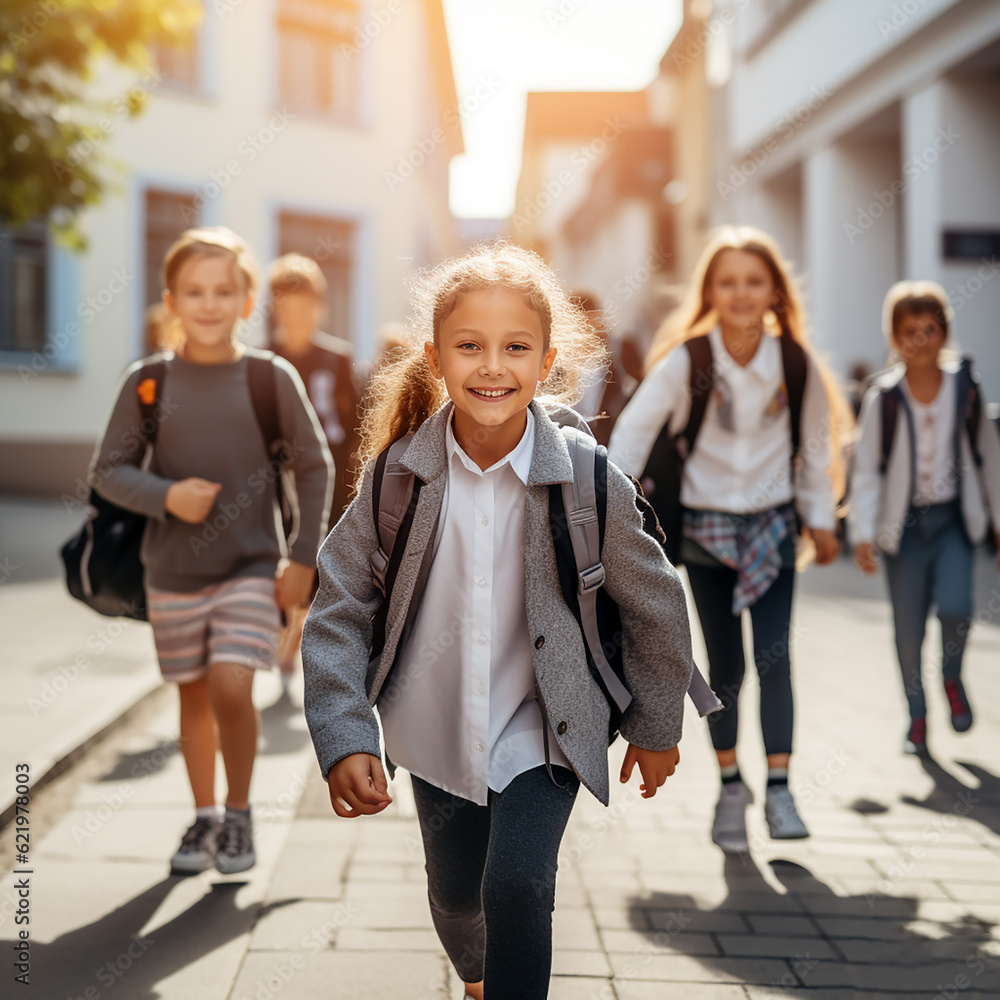 Obraz premium **Returning to school , start of a new academic adventure for pupils, excitement and anticipation, buses , supplies to mortar boards , books., glamour shot