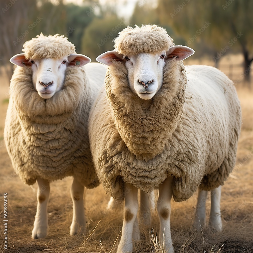 Fototapeta premium Merino sheep farm pasture countryside. Generative AI