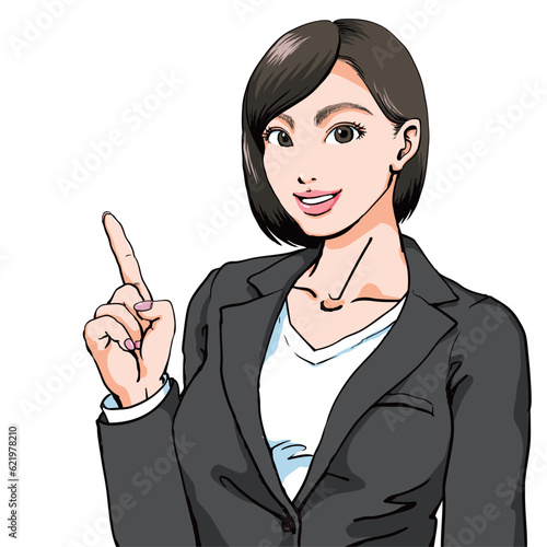 笑顔で「OK」「YES]_指差しポーズするスーツ姿の若い女性