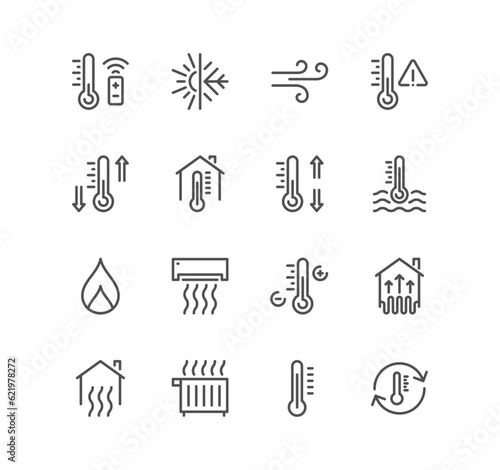 Set of house heating related icons, heat supply, heating boiler, water heater, gas and electric heating and linear variety vectors.