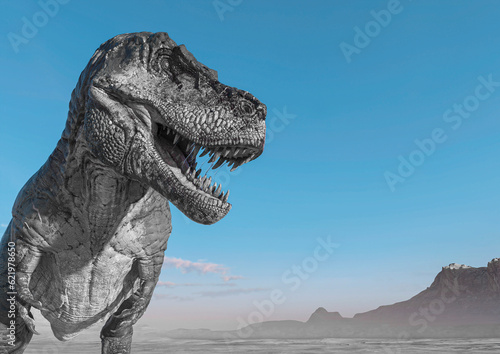 tyrannosaurus is in stand up pose on sunset desert close up view with copy space
