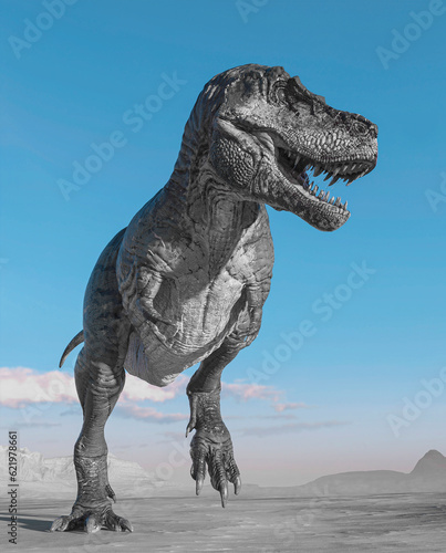 tyrannosaurus is in stand up pose on sunset desert