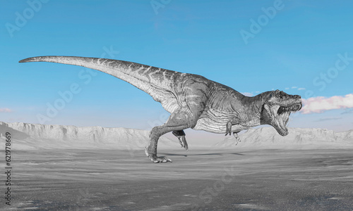 tyrannosaurus is running and ready to bite on sunset desert side view © DM7