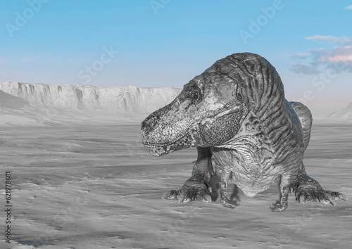 tyrannosaurus is lying down and resting on sunset desert with copy space