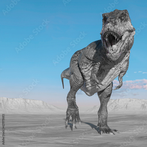 tyrannosaurus is walking around looking for food on sunset desert wth copy space