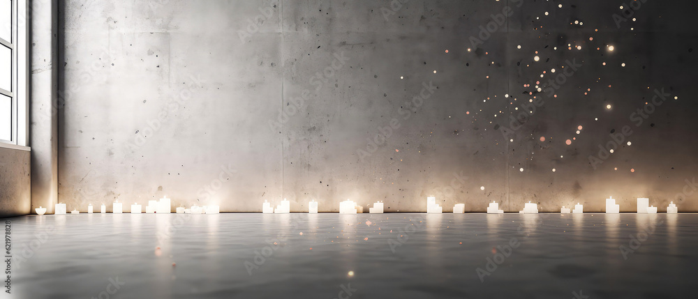 Background with candles on empty concrete space.Candlelight atmosphere, evening meditation, relax therapy, sacral ceremony. Loft interior design.
