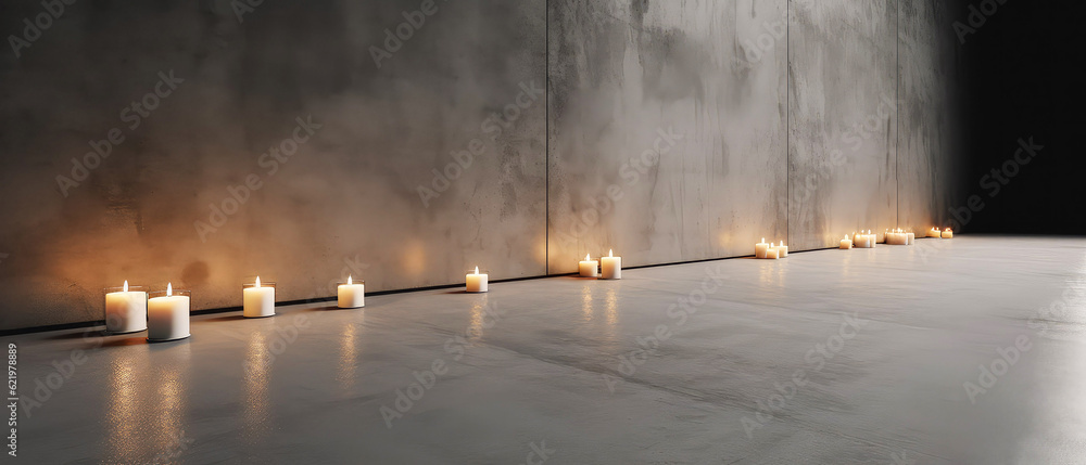 Background with candles on empty concrete space.Candlelight atmosphere, evening meditation, relax therapy, sacral ceremony. Loft interior design.