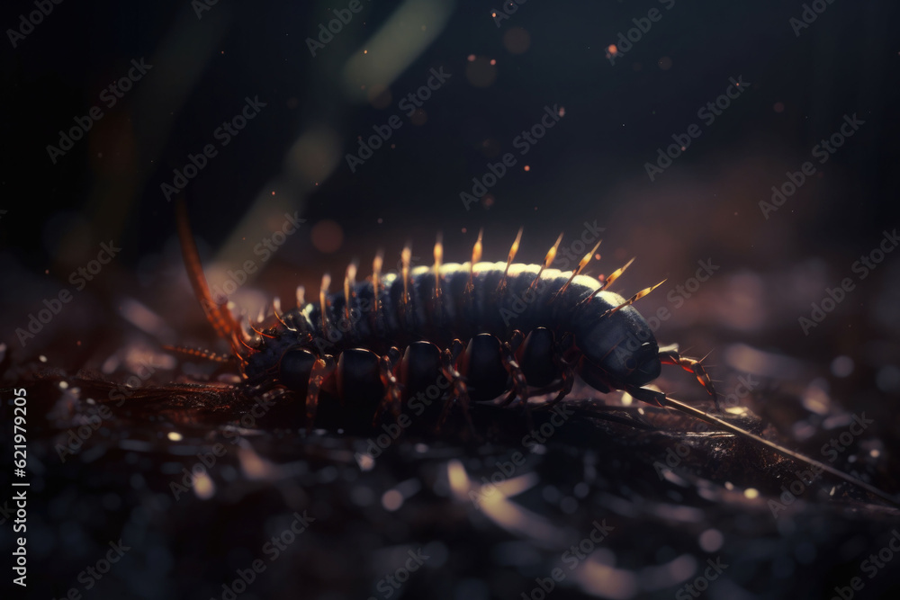 A macro shot of a centipede. A caterpillar crawling on the ground in the forest. Generative AI A macro shot of a centipede. A caterpillar crawling on the ground in the forest. Generative AI