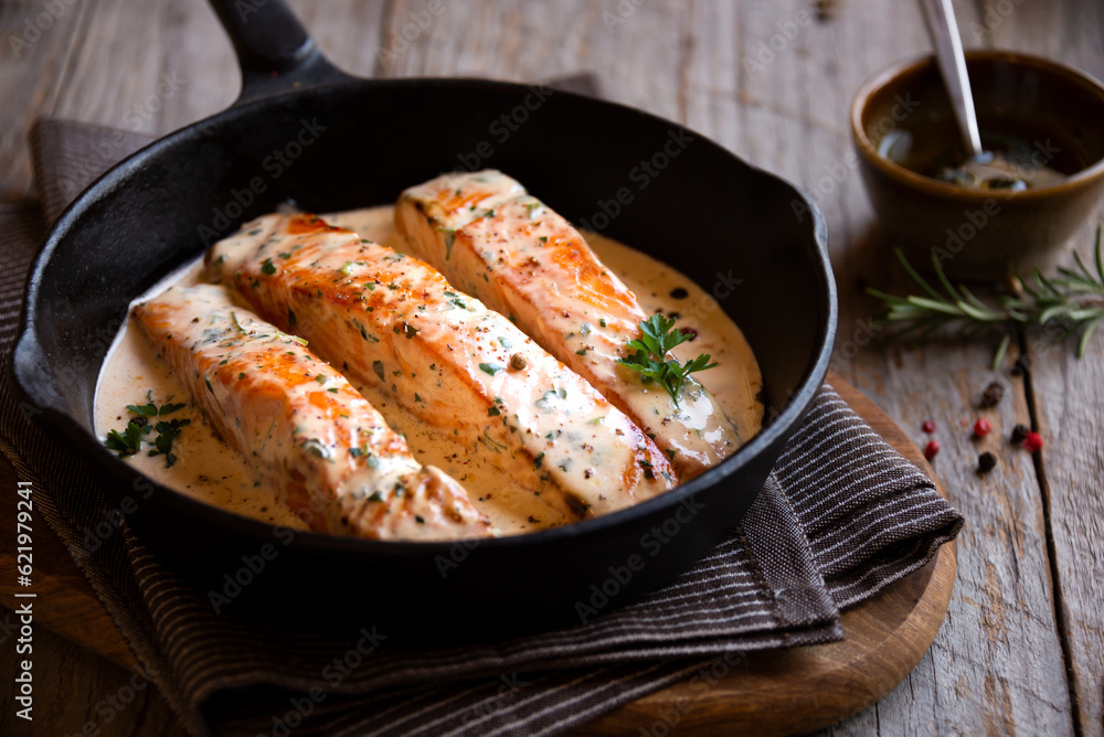 Cooked salmon fish with cream sauce in frying pan Cooked salmon fish with cream sauce in frying pan