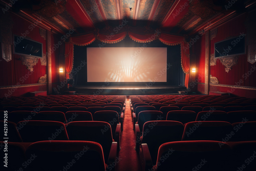 Fototapeta premium Empty modern movie theatre interior with screen and seats. Generative AI