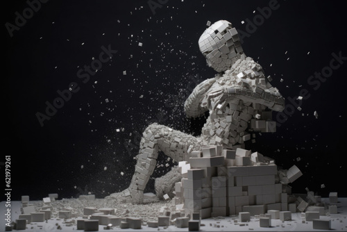 The man made of disintegrating tessellated cubes. Concept of disintegration of mind. Generative AI