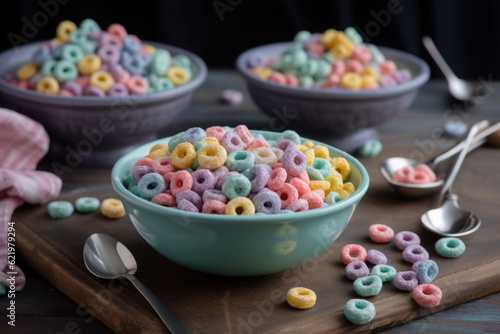 Pastel colored froot loops with small spoon. Delicious fruit cereal rings. Generative AI
