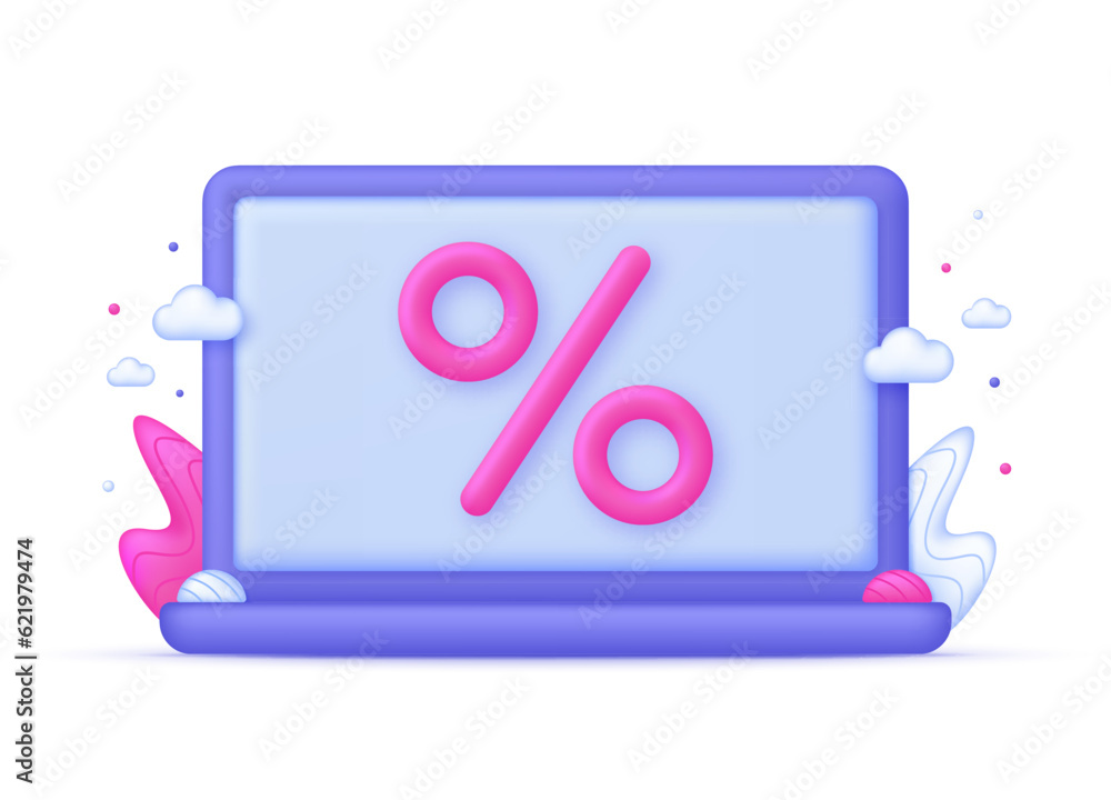 3D Percent icon on Computer. Promotion, discount, sale, percentage concept. Interest rate, finance, banking. 3D Percent icon on Computer. Promotion, discount, sale, percentage concept. Interest rate, finance, banking.