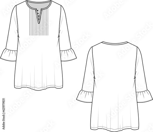 Fashion Henley button panel pleated top Sleeve Ruffle Blouse Flat Sketch template design vector
