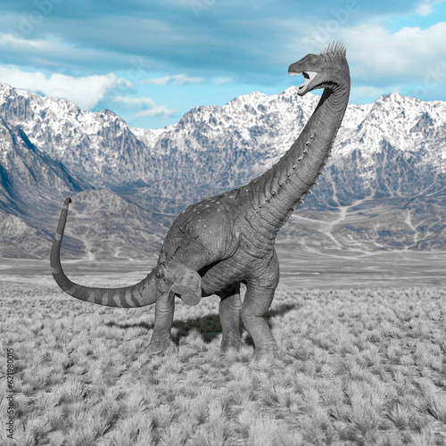 alamosaurus is looking back in anger in the plains and mountains