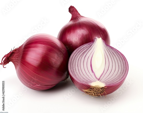 Red whole and sliced onion, isolated on white background. Created with Generative AI technology.
