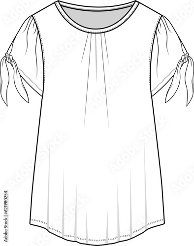Fashion Crew neck pleat with sleeve knot top technical flat sketch drawing template design