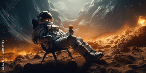 Astronaut drinking coffee sitting in easy beach chair on Moon surface. Generative AI © NorLife
