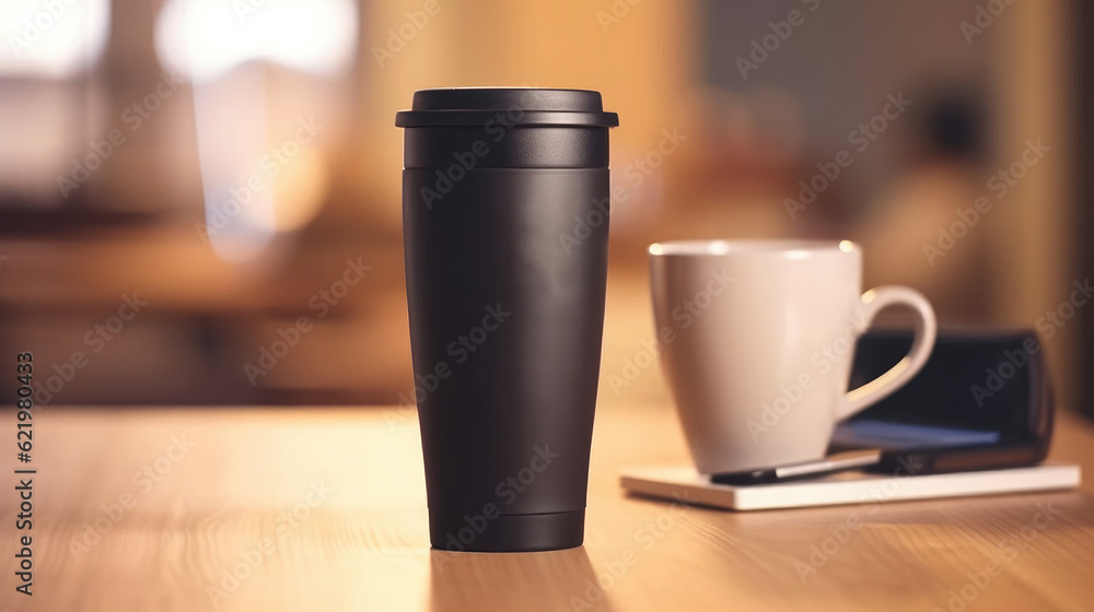 A black travel mug for a mockup blank template on the desk A black travel mug for a mockup blank template on the desk