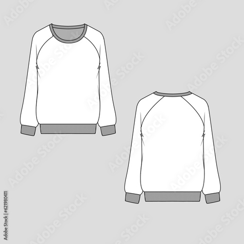 Fashion Crew neck Raglan sleeve sweatshirt technical flat sketch drawing template vector