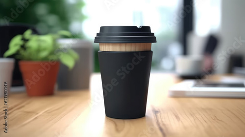 A black travel mug for a mockup blank template on the desk