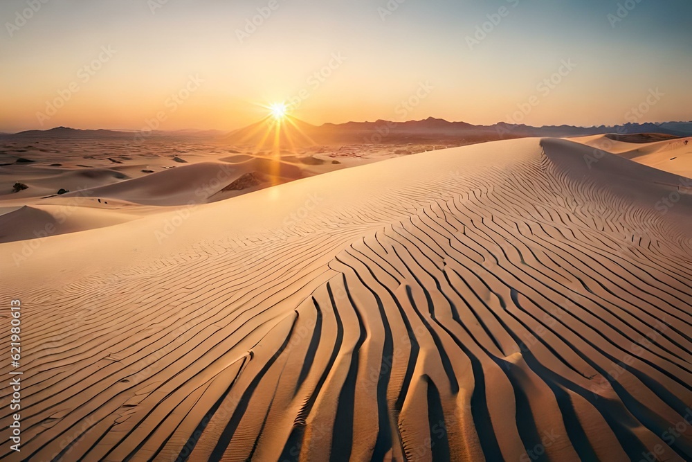 Beautiful sunset over the desert sand dunes. Generative AI