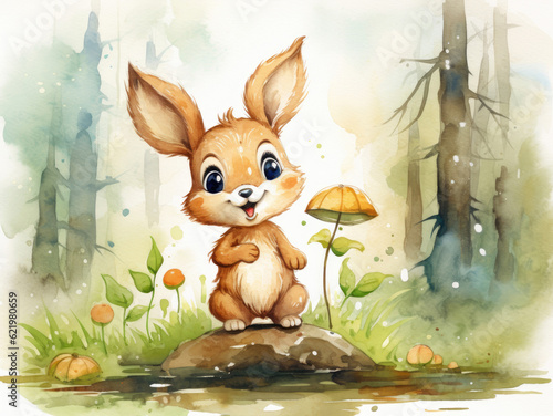 Cute watercolor hare, illustration for children © Veniamin Kraskov