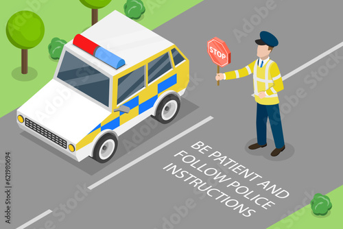 3D Isometric Flat Vector Conceptual Illustration of Policeman Holding a Stop Sign, Traffic Police Officer