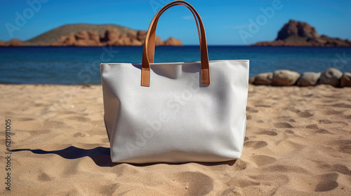 A white tote bag canvas fabric for mockup blank template on outdoor table