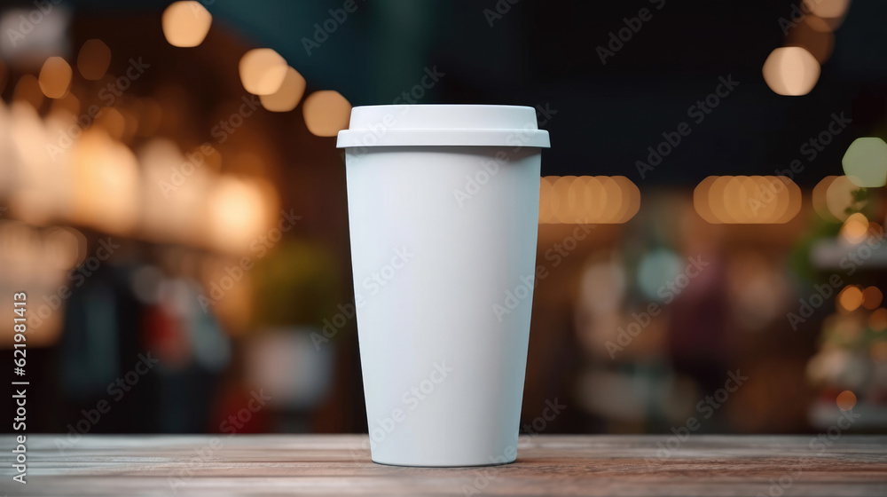 A white travel mug for a mockup blank template on the desk A white travel mug for a mockup blank template on the desk