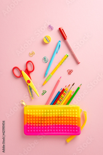 Classroom basics. Vertical top view shot showcasing bright stationery, falling into pop it pencil box. Color pencils, clips, scissors, sharpener, pens on soft pink background. Space for text or advert